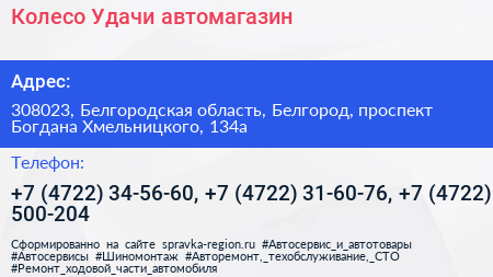 Колесо Удачи автомагазин - визитка