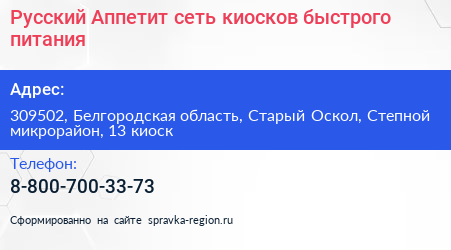 Русский Аппетит сеть киосков быстрого питания - визитка