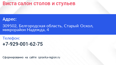 Виста салон столов и стульев - визитка