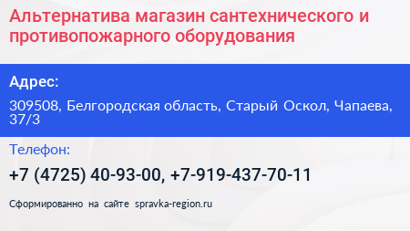 Альтернатива магазин сантехнического и противопожарного оборудования - визитка