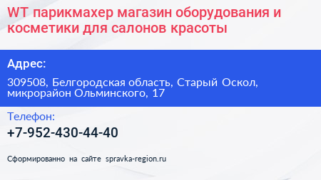 WT парикмахер магазин оборудования и косметики для салонов красоты - визитка