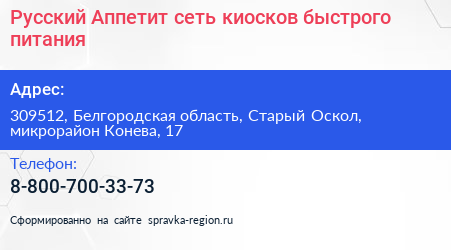 Русский Аппетит сеть киосков быстрого питания - визитка