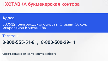 1XСТАВКА букмекерская контора - визитка