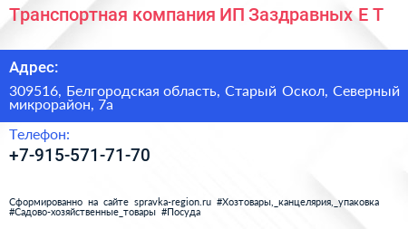 Транспортная компания ИП Заздравных Е Т  - визитка