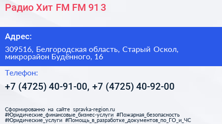 Радио Хит FM FM 91 3 - визитка
