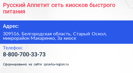 Русский Аппетит сеть киосков быстрого питания - визитка