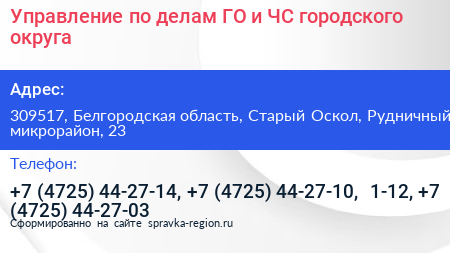 Управление по делам ГО и ЧС городского округа - визитка