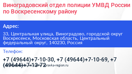 Виноградовский отдел полиции УМВД России по Воскресенскому району - визитка