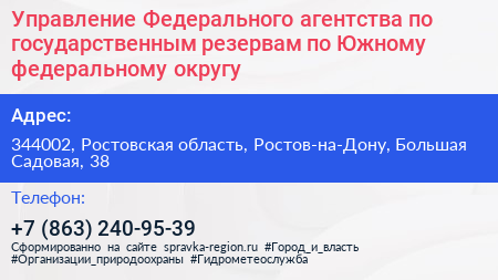 Нажмите, чтобы скачать визитку Управление Федерального агентства по государственным резервам по Южному федеральному округу - визитка