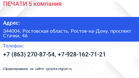 ПЕЧАТИ 5 компания - визитка