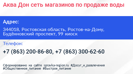 Аква Дон сеть магазинов по продаже воды - визитка