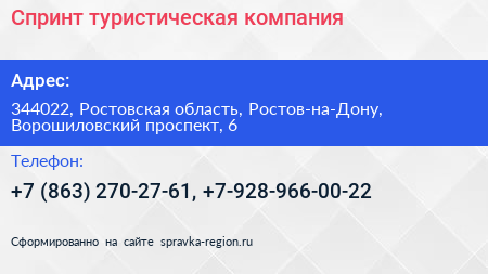 Спринт туристическая компания - визитка