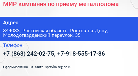 МИР компания по приему металлолома - визитка