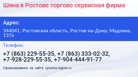 Шина в Ростове торгово сервисная фирма - визитка