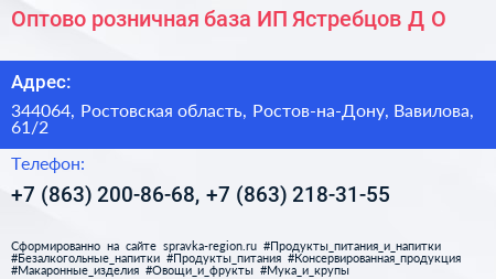 Оптово розничная база ИП Ястребцов Д О  - визитка