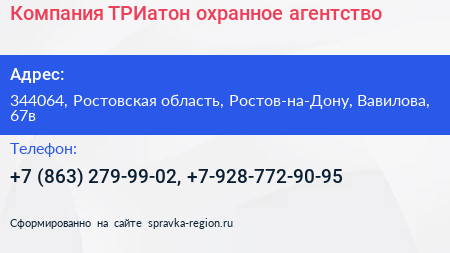 Компания ТРИатон охранное агентство - визитка