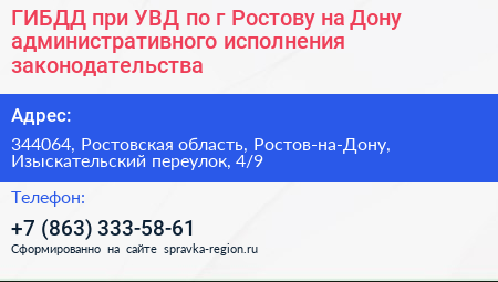 ГИБДД при УВД по г Ростову на Дону административного исполнения законодательства - визитка