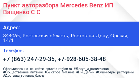 Пункт авторазбора Mercedes Benz ИП Ващенко С С  - визитка