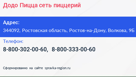 Додо Пицца сеть пиццерий - визитка