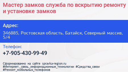 Мастер замков служба по вскрытию ремонту и установке замков - визитка