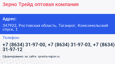Зерно Трейд оптовая компания - визитка