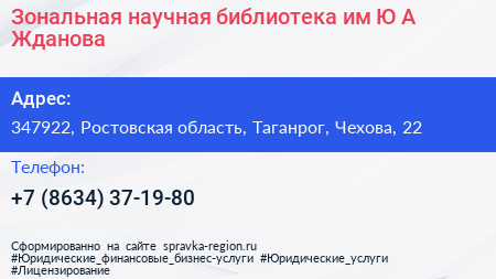 Зональная научная библиотека им Ю А Жданова - визитка
