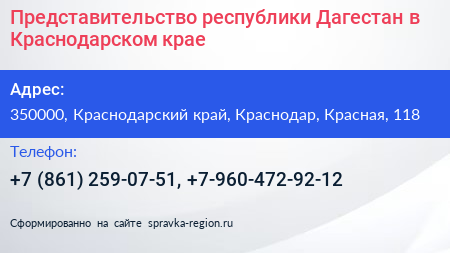 Представительство республики Дагестан в Краснодарском крае - визитка