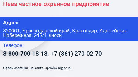 Нева частное охранное предприятие - визитка
