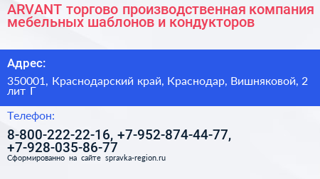 ARVANT торгово производственная компания мебельных шаблонов и кондукторов - визитка