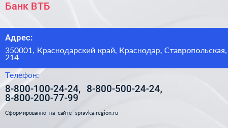 Банк ВТБ - визитка