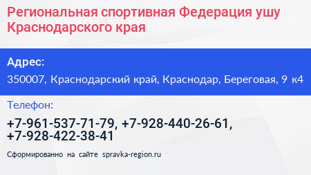Региональная спортивная Федерация ушу Краснодарского края - визитка
