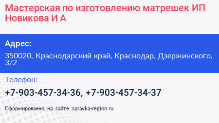 Мастерская по изготовлению матрешек ИП Новикова И А  - визитка