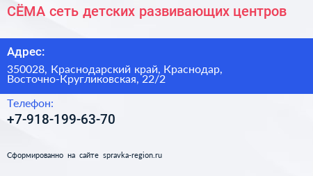 СЁМА сеть детских развивающих центров - визитка