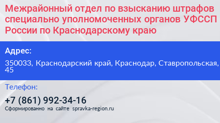 Межрайонный отдел по взысканию штрафов специально уполномоченных органов УФССП России по Краснодарскому краю - визитка