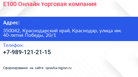 Е100 Онлайн торговая компания - визитка