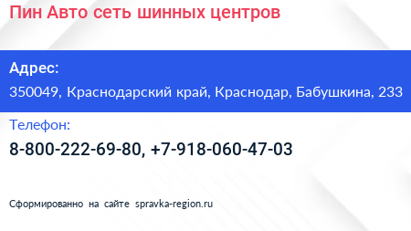 Пин Авто сеть шинных центров - визитка