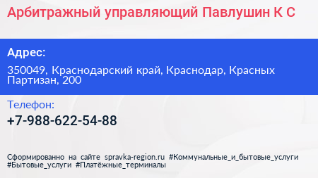 Арбитражный управляющий Павлушин К С  - визитка