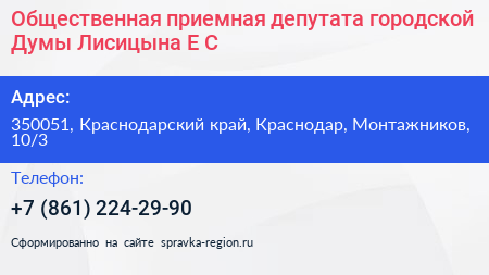 Общественная приемная депутата городской Думы Лисицына Е С  - визитка