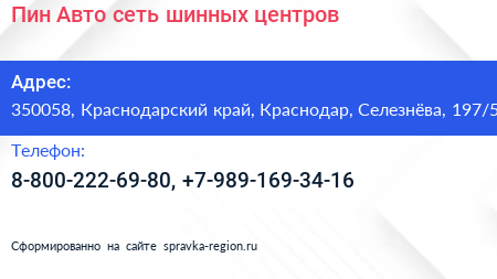 Пин Авто сеть шинных центров - визитка