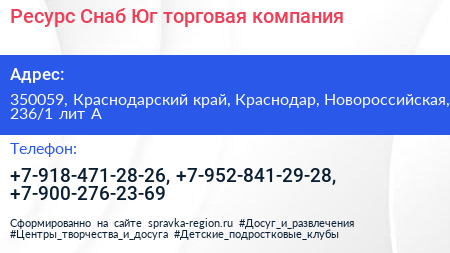 Ресурс Снаб Юг торговая компания - визитка