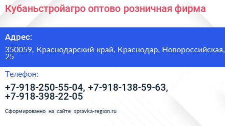 Кубаньстройагро оптово розничная фирма - визитка