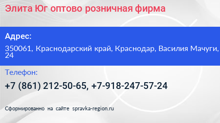 Элита Юг оптово розничная фирма - визитка