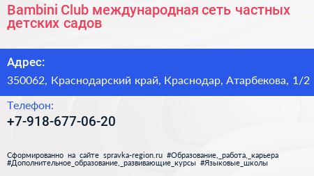 Bambini Club международная сеть частных детских садов - визитка