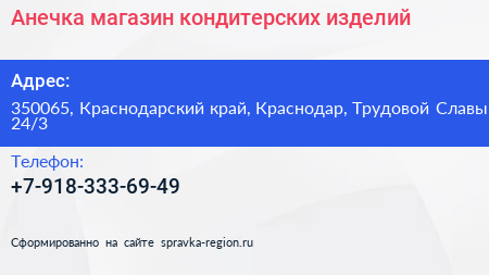 Анечка магазин кондитерских изделий - визитка