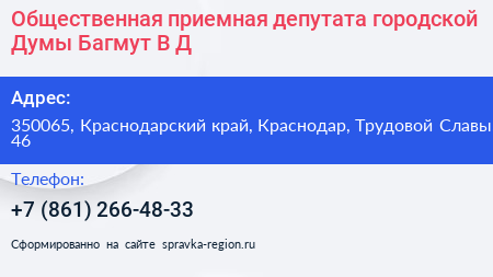 Общественная приемная депутата городской Думы Багмут В Д  - визитка