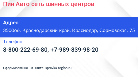 Пин Авто сеть шинных центров - визитка