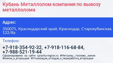 Кубань Металлолом компания по вывозу металлолома - визитка