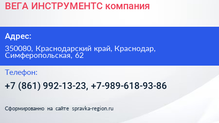 ВЕГА ИНСТРУМЕНТС компания - визитка