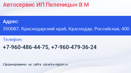 Автосервис ИП Пеленицын В М  - визитка