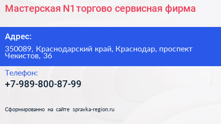 Мастерская N1 торгово сервисная фирма - визитка